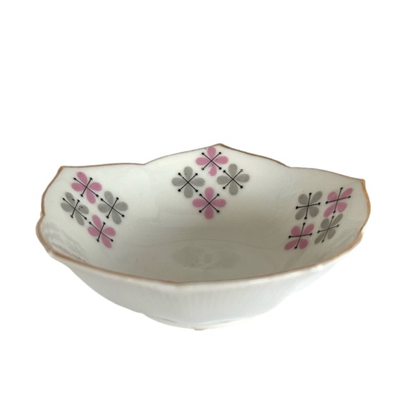Vintage Bowl Porcelain Tulip Shape Trinket Dish Japan Atomic Flower Grey Pink - Picture 1 of 12